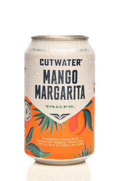 IRVINE, CALIFORNIA - 28 AUG 2026: A cold can of Cutwater mango Margarita Cocktail on white with condensation.