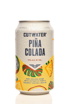 IRVINE, CALIFORNIA - 28 AUG 2026: A cold can of Cutwater Pina Colada Cocktail on white with condensation.