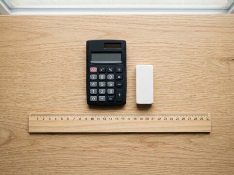 Calculator, eraser, and ruler on wooden desk for office and school supplies theme