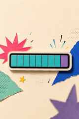 Obraz na płótnie Canvas Almost complete progress and reaching the goal shown as a handmade retro gaming loading bar with only one segment left to fill