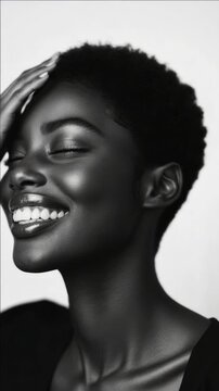 Smiling Black Woman with Short Hair Expressing Joy in Monochrome