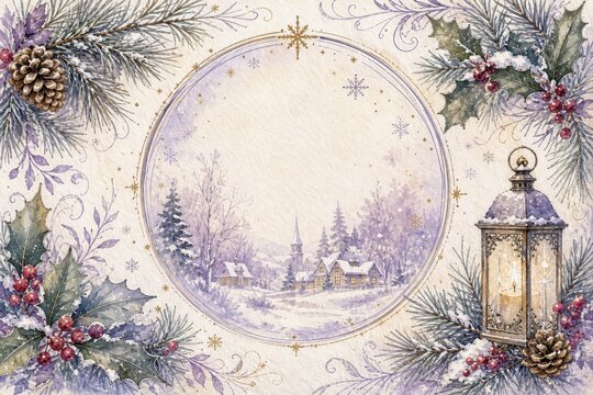 Christmas winter village scene inside a circular frame with holly berries and pine cones, festive holiday background for greeting card invitations