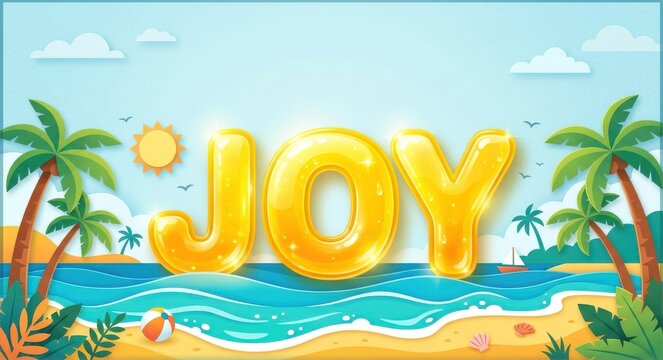 Summer Vacation Joy. Golden inflatable letters spelling Joy on a tropical beach, summer holiday concept, festive seasonal greeting background.
