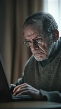 Senior Man with Beard and Glasses Typing on a Laptop