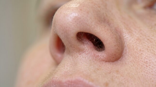 Extreme close-up of a human nose showing unwanted hair growing inside the nostril. Personal hygiene and grooming concept.