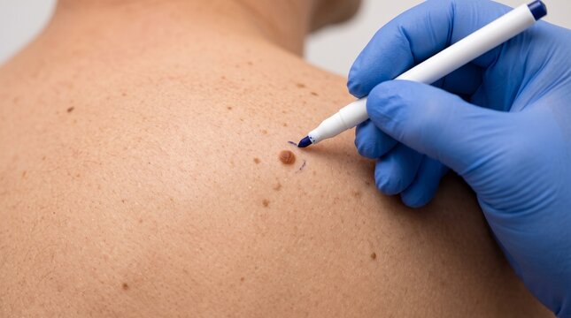 Close-up of a doctor in blue medical gloves circling a mole on a male patient's back with a blue marker during a skin cancer screening