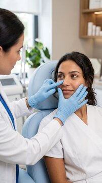 M&eacute;dica especialista em cirurgia pl&aacute;stica examinando o rosto e o nariz de paciente jovem durante consulta de avalia&ccedil;&atilde;o para rinoplastia em cl&iacute;nica moderna