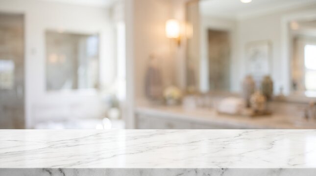 Bancada de m&aacute;rmore branco vazia em primeiro plano com fundo desfocado de banheiro luxuoso para exibi&ccedil;&atilde;o de produtos e mock up