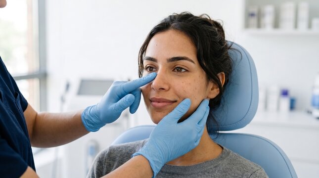 Jovem mulher brasileira sorrindo durante consulta m&eacute;dica para rinoplastia; m&atilde;os de m&eacute;dico com luvas azuis examinando o nariz da paciente em cl&iacute;nica moderna de cirurgia pl&aacute;stica e otorrinolaringologia