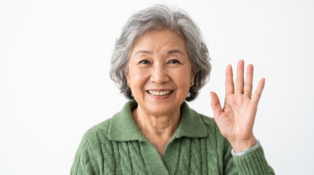 白背景でカメラに向かって笑顔で手を振る元気なシニア女性.