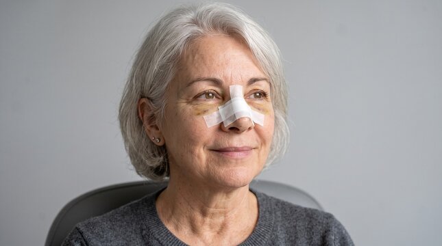 Senior woman with gray hair looking away with a gentle smile, wearing a nasal bandage and showing visible under-eye bruising (hematomas) after rhinoplasty or nose trauma.
