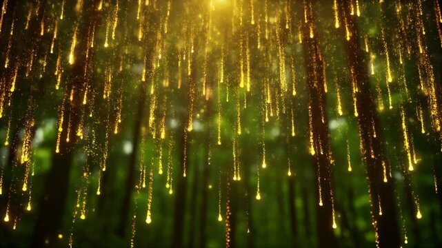 Golden light rain falling through green forest loop background
