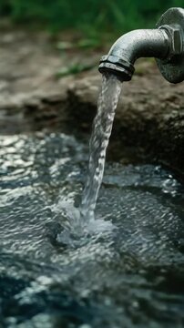 Water Pouring from a Rustic Metal Tap