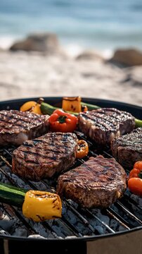 Grilled Steak and Peppers on a Charcoal Grill at the Beach