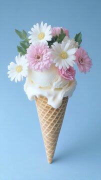 Vanilla Ice Cream Cone Topped with Pink and Flowers