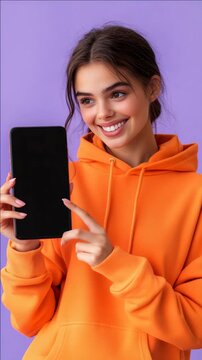 Smiling woman in an orange hoodie using a smartphone