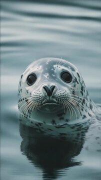 Close-up of a spotted seal's face in the ocean