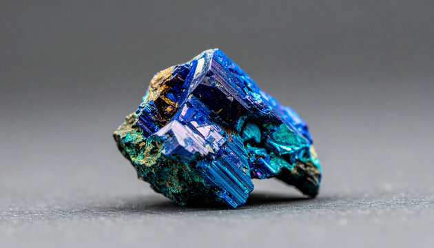 Macro close-up of a raw azurite mineral specimen with striking deep blue and green crystalline structures on a grey background. Geology, gemology, and natural crystal concept design, copy space.