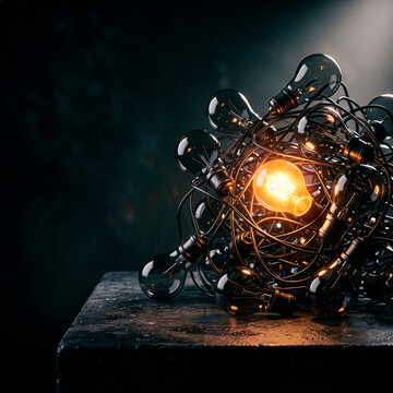 Conceptual Idea of Illumination: A tangled cluster of clear light bulbs, with one glowing vibrantly, rests on a textured surface, casting a warm, illuminating glow in the dim atmosphere.
