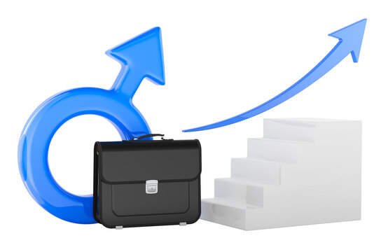Male career growth concept with briefcase, stairs and upward arrow. 3D rendering