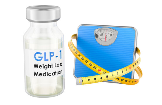 GLP-1 weight loss medication vial with scale and measuring tape. 3D rendering