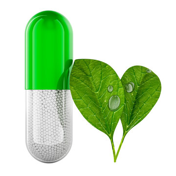 Herbal medicine capsule with green leaves for natural health. 3D rendering