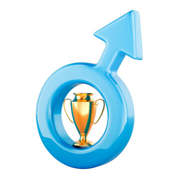 Male symbol with gold trophy for mens success and achievement. 3D rendering