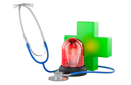 Emergency medical care with stethoscope, alarm siren and medical cross. 3D rendering