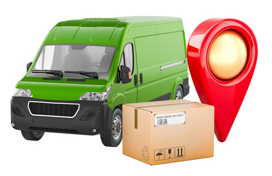 Delivery van with cardboard parcel and map pin, concept of courier shipping, parcel tracking and local delivery, 3d rendering