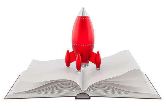 Red rocket on open book for education and knowledge growth. 3D rendering