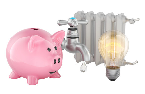 Piggy bank with faucet, radiator and light bulb for utility savings. 3d rendering