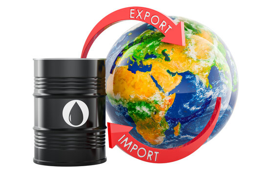 Oil barrel with globe and import export arrows for global trade. 3D rendering