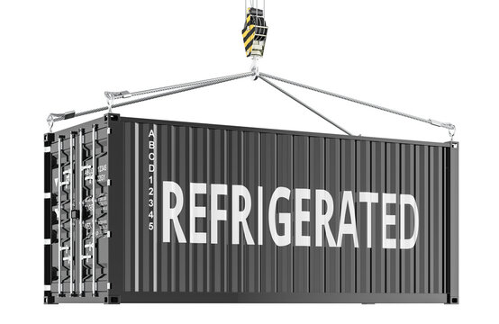 Refrigerated shipping container lifted by crane hook. 3D rendering