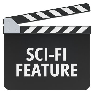 Sci-fi feature clapperboard for science fiction film production. 3D rendering