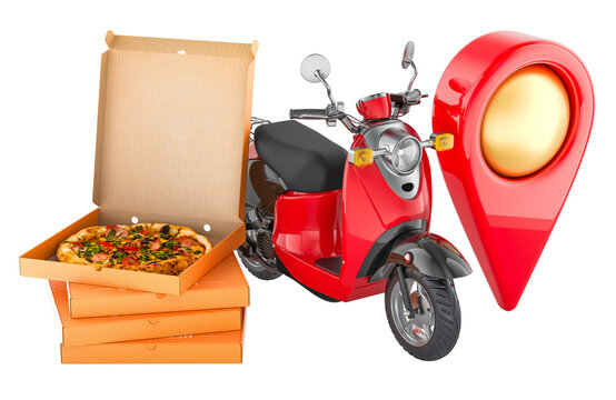Pizza delivery scooter with boxes and location pin. Online food ordering, courier service and fast restaurant delivery, concept. 3d rendering