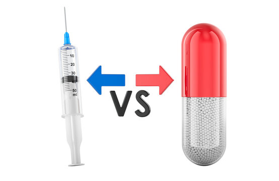 Syringe and capsule comparison for injectable and oral medication. 3d rendering