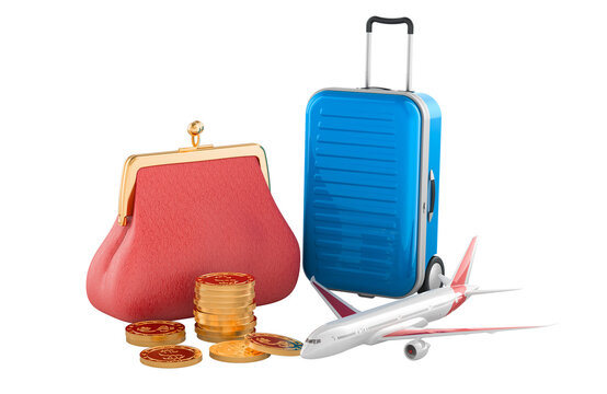 Travel budget concept with suitcase, wallet, coins and airplane. 3D rendering