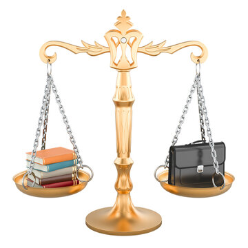 Balance scale with books and briefcase for education and career. 3D rendering