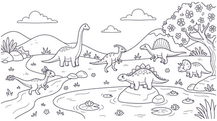Dinosaur land prehistoric landscape black outline illustration. © Ojufa