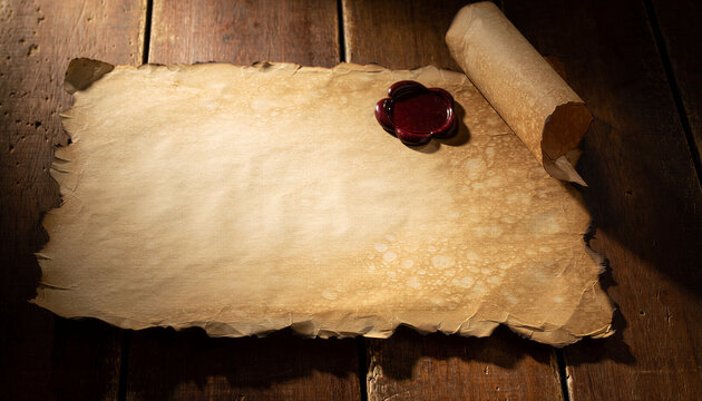 Vintage parchment paper on old wooden background. Antique blank scroll sheet with dark red wax seal stamp. Minimalist rustic backdrop with copy space.