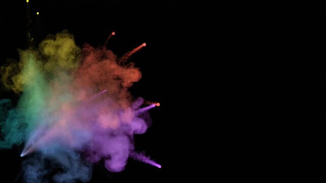 Colorful Smoke Explosion With Rainbow Dust Burst On Black Background 