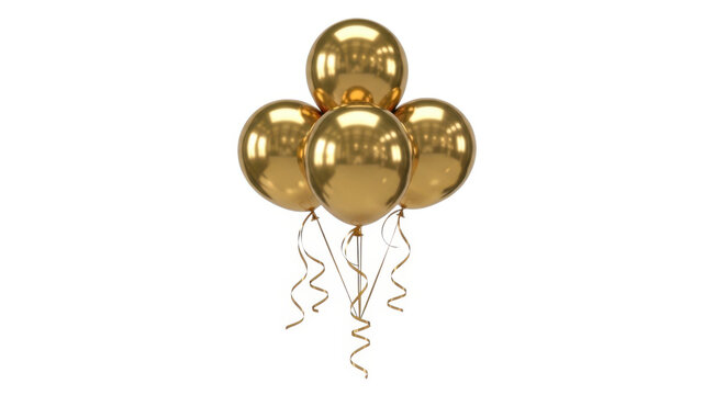 Three golden balloons floating isolated on transparent background