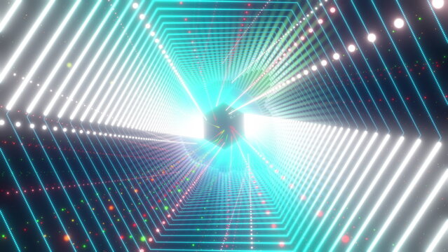 Dynamic abstract 3d render of glowing hexagon tunnel for music event visuals, advertising, and presentations