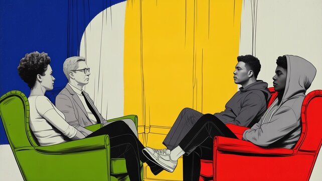 Colorful illustration of a supportive mental health consultation