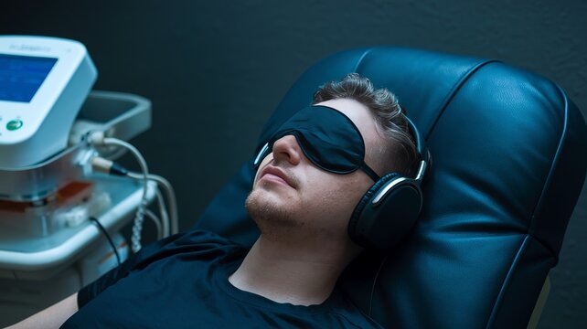 Man reclining in a therapy chair with eye mask and headphones for ketamine treatment at a clinic