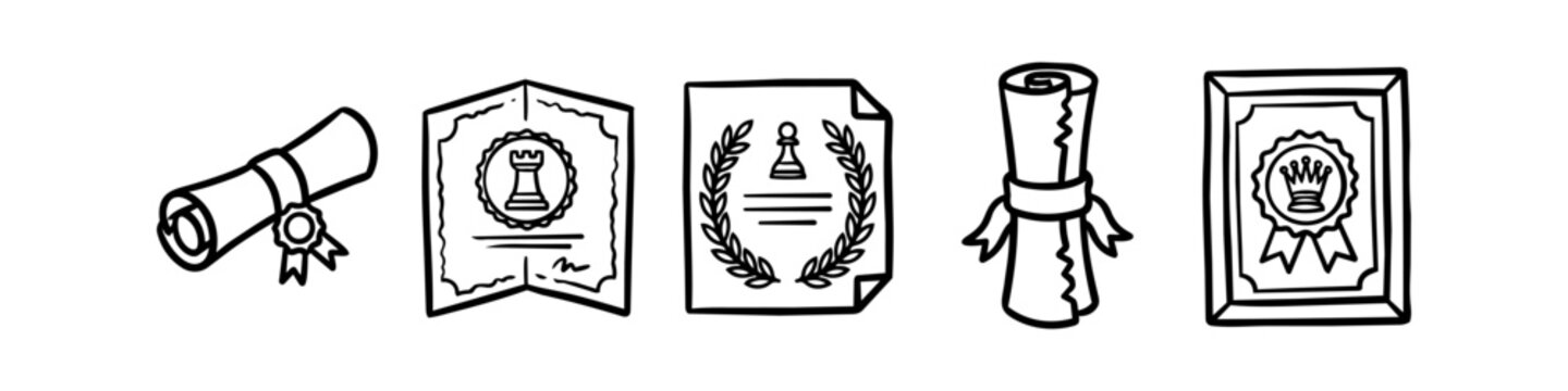 Hand-drawn doodle set of chess achievement awards, including diplomas, scrolls, and framed certificates with chess piece seals and laurel wreaths on a white background.