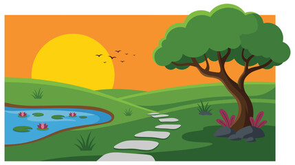 Obraz premium Sunset field landscape with pond and green rolling hills.
