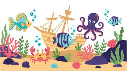 Fototapeta premium Underwater ocean scene with shipwreck and sea creatures exploring.