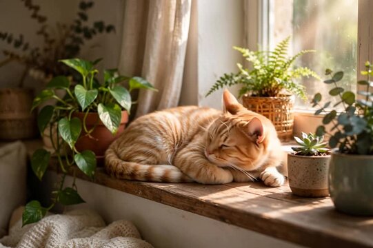 Cute orange tabby cat sleeping peacefully on a sunny wooden windowsill surrounded by green indoor potted plants and opening eyes slowly