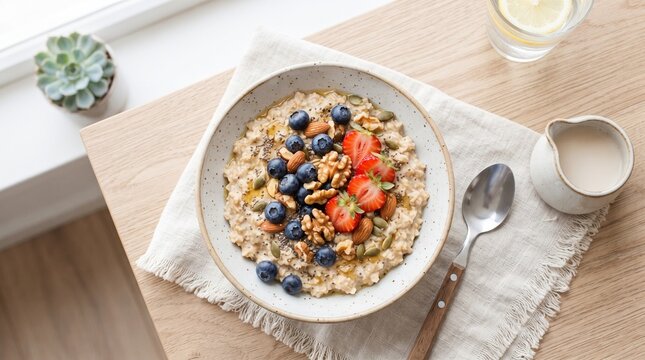 Healthy oatmeal breakfast bowl topped with fresh blueberries, strawberries, nuts, and granola, creating a nutritious and wholesome morning meal.